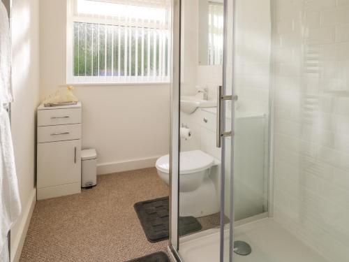 a bathroom with a toilet and a glass shower at Top Of The Lane Luxury Holiday Apartment in Benllech