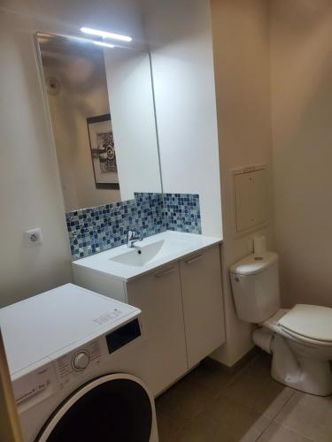 une salle de bain avec un lavabo, des toilettes et un miroir dans l'établissement Joli appartement proche du centre-réseau orange pour capter, à Saint-Fargeau-Ponthierry