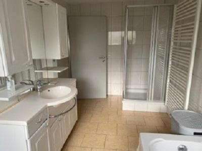 uma casa de banho com um lavatório, um chuveiro e um WC. em Ferienwohnung Am Rimbach em Suhl