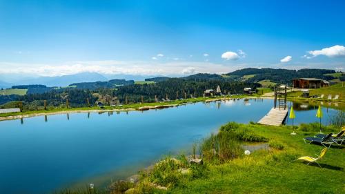 a river with a dock and mountains in the background at Familienhotel Petschnighof in Diex