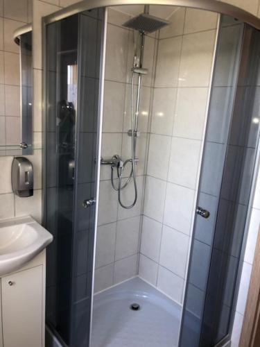 a shower with a glass door in a bathroom at GOLENICKA PRZYSTAŃ in Golenice
