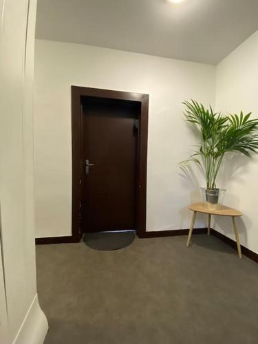 a hallway with a door and a potted plant at L'Escale ZEN in Tulle