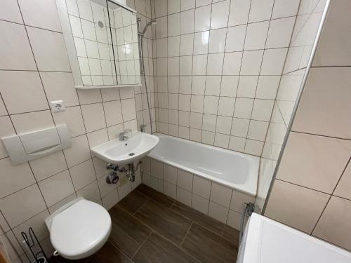 紐倫堡的住宿－Messeapartment Wöhrder See，浴室配有卫生间、盥洗盆和浴缸。