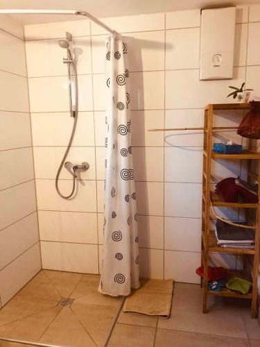 a shower with a shower curtain in a bathroom at Fischerhaus in Burgthann