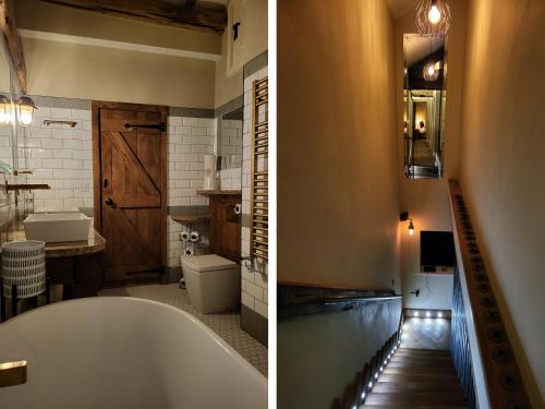 two pictures of a bathroom with a tub and a sink at Green Barn in Sheffield