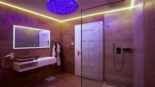 a bathroom with a shower and a sink and a mirror at Parkresidenz Lychen, Ferienwohnung 8 in Lychen