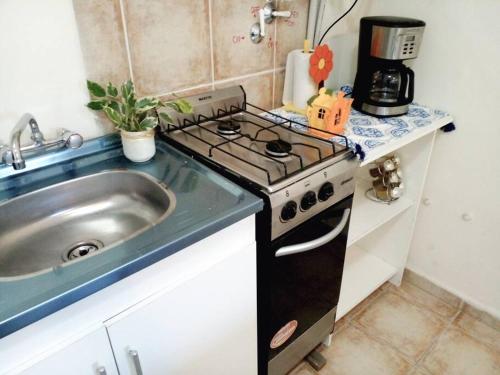 a kitchen with a stove and a sink at Buenos Aires Tango Apartment near Golf in San Antonio de Padua