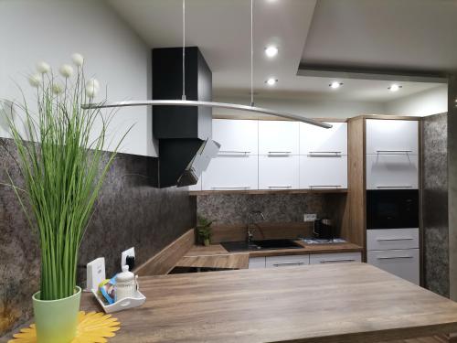 a kitchen with white cabinets and a wooden table at Apartament Widok Polana Szaflarska in Nowy Targ