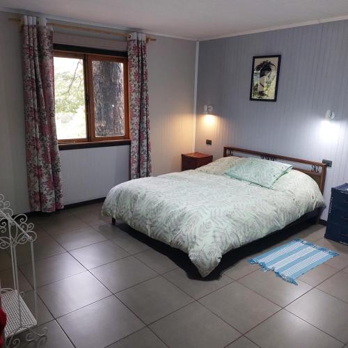 a bedroom with a large bed and a window at Cabañas & Hostal Dos Rios in Malalcahuello