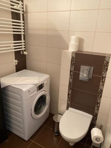 a bathroom with a washing machine and a toilet at Apartament Rezydencja Metropolis ul.Dąbrowa 15 in Bydgoszcz