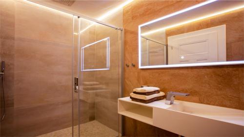 a bathroom with a shower and a sink and a mirror at Parkresidenz Lychen, Ferienwohnung 9 in Lychen