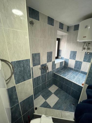 a bathroom with a shower and a toilet at Puerta Apartments in Kotor