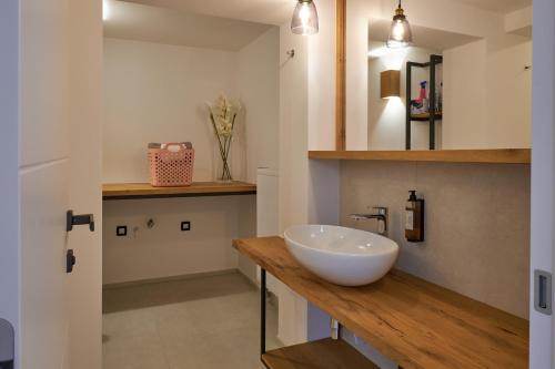 ein Badezimmer mit einem weißen Waschbecken auf der Theke in der Unterkunft Vacation Station Kamnik in Kamnik
