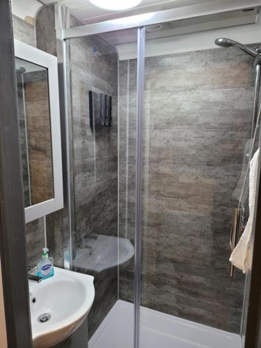 a bathroom with a glass shower and a sink at The Residence - NO 8 in Edinburgh