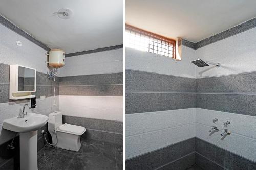 two pictures of a bathroom with a toilet and a sink at Jain Residency in Greater Noida