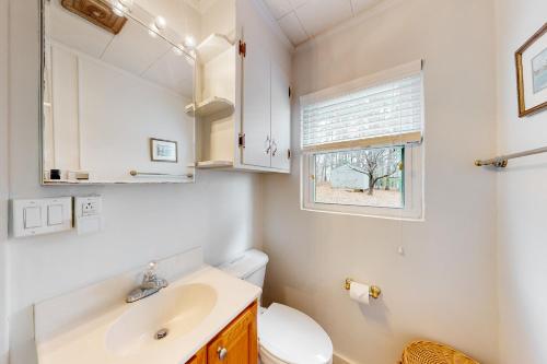 een badkamer met een wastafel, een toilet en een raam bij Evergreen in Moneta