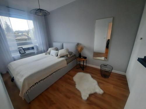 Schlafzimmer mit einem Bett, einem Spiegel und einem Teppich in der Unterkunft Apartament centrum in Ciechocinek