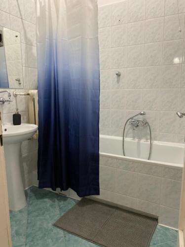 uma casa de banho com uma cortina de chuveiro azul e um lavatório. em Best View Old Town Rooms em Cracóvia