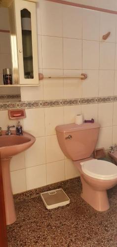 uma casa de banho com um WC cor-de-rosa e um lavatório. em Casa Grande Salta pleno centro de la ciudad em Salta