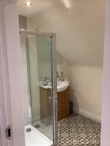 ein Bad mit einer Dusche und einem Waschbecken in der Unterkunft Drum Manor Apartment Hillsborough BT26 6PU in Hillsborough