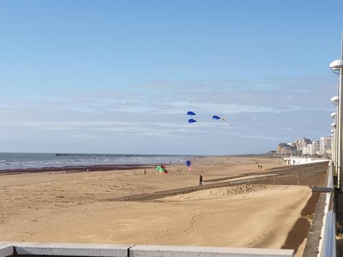 Un groupe de gens volant des cerfs-volants sur la plage dans l'établissement Studio alcôve, vue mer, 4 personnes, Saint Jean de Monts, à Saint-Jean-de-Monts