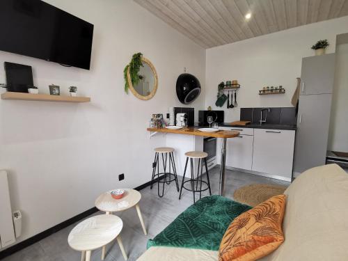 uma sala de estar com um sofá e uma cozinha em Studio cosy proche du centre-ville em Paray-le-Monial