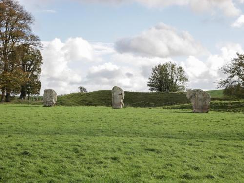 a field with large stone statues in a field at Nine Acres Barn in Marlborough