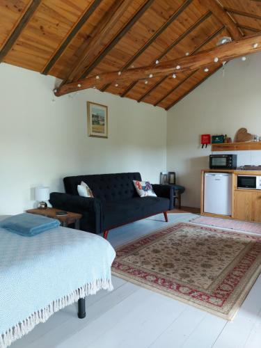 uma sala de estar com um sofá e um tapete em The Cottage near the lake em Pedrógão Grande