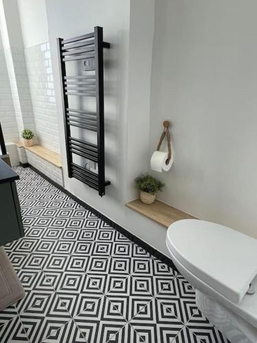 a bathroom with a toilet and a black and white floor at L'Appartement Vert in Douai