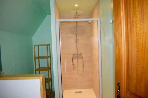 W łazience znajduje się prysznic ze szklanymi drzwiami. w obiekcie Suite Familiale 2 chambres double w mieście Auriac-du-Périgord