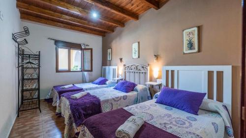 um quarto com três camas com lençóis roxos em Laurel Y Romero Nigüelas by Ruralidays em Nigüelas