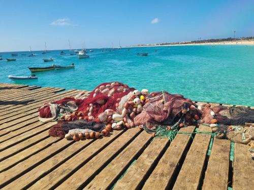 a pile of vegetables sitting on a dock near the water at Daisal Apartment - 2 bedroom apartment with balcony near the beach & city center, perfect for nomads, travellers, families, watersports! in Santa Maria