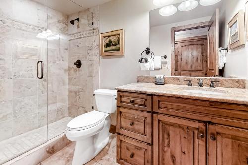a bathroom with a toilet and a shower and a sink at Steamboat Resort Villas 608 in Steamboat Springs