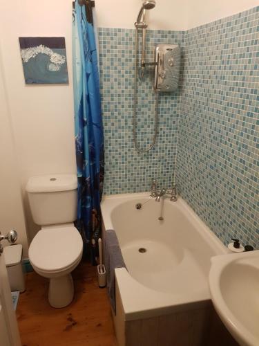 a bathroom with a toilet and a tub and a sink at Garden room in Exmouth