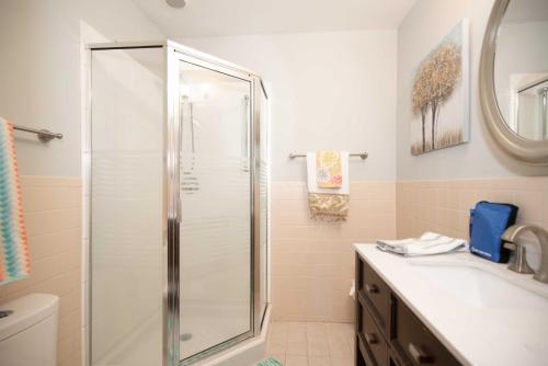 a bathroom with a shower and a sink at Front Royal Retreat about 1 Mi to National Park! in Front Royal