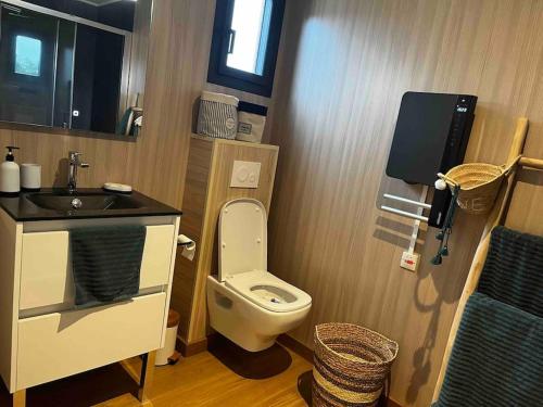 een kleine badkamer met toilet en wastafel bij Le Lodge in Belin-Beliet