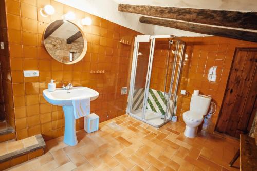 een badkamer met een wastafel, een douche en een toilet bij Casa Rural El Callís in Vall de Bianya