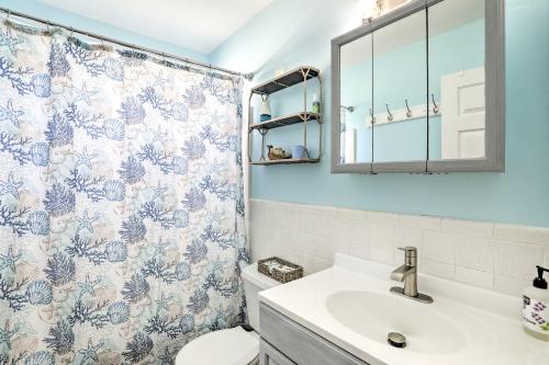 uma casa de banho com uma cortina de chuveiro e um lavatório em Clearwater Retreat Near Beach, Golf, and Boating! em Clearwater