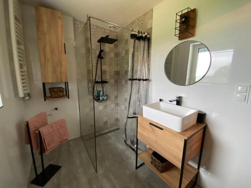 a bathroom with a sink and a shower with a mirror at Beskidzki Zakątek Krynica-Zdrój in Krynica Zdrój