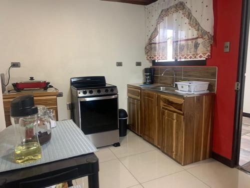uma pequena cozinha com um fogão e um lavatório em Alojamiento entero 1 km Juan Santamaría Airport em Alajuela