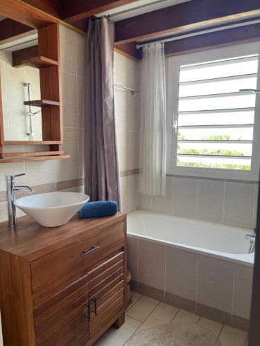 a bathroom with a sink and a tub and a window at Duplex Côté Mer in Filaos