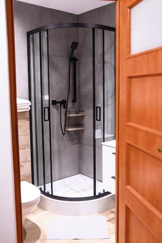 a shower with a glass door in a bathroom at Willa Iga in Karpacz
