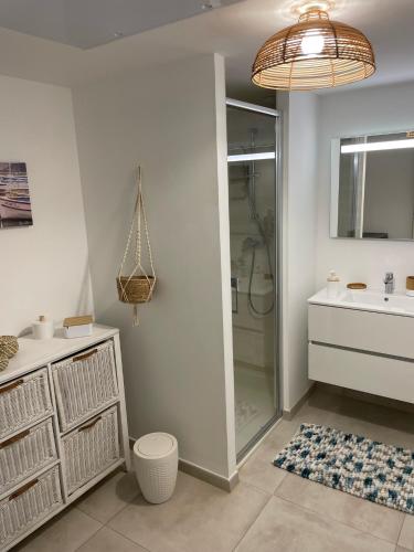 une salle de bain avec une douche, un lavabo et des toilettes dans l'établissement Résidence Garden Beach Saint-cyr-sur-mer Superbe T3 neuf 100m des plages, à Saint-Cyr-sur-Mer