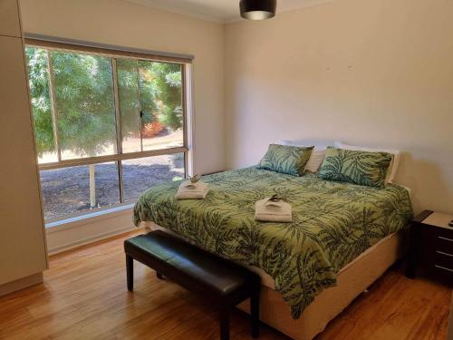een slaapkamer met een bed en een groot raam bij Waikerie Olive Grove in Waikerie