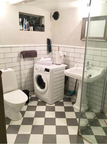 a bathroom with a washing machine and a sink at Studio Råå in Helsingborg