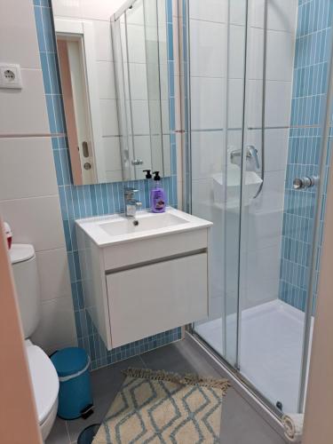 W łazience znajduje się umywalka, prysznic i toaleta. w obiekcie CASA VAGOS w mieście Nazaré