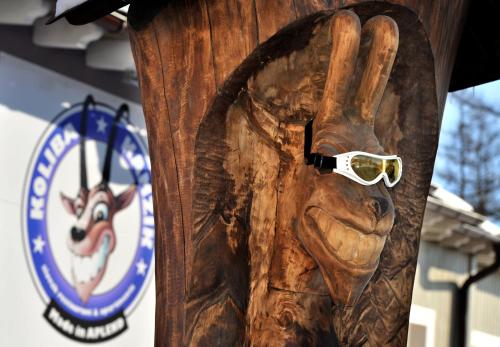a wooden statue of a baseball player with a hand gesture at APLEND Koliba Kamzík in Smokovce
