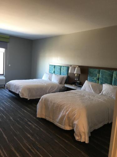 um quarto de hotel com duas camas e uma janela em Hampton Inn Old Bridge NJ 