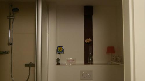ein Badezimmer mit einer Dusche und einem Regal mit einer Blume in der Unterkunft Ruhiges Apartment Nürnberg Süd Ost - Nähe Messe - mit Wallbox in Nürnberg