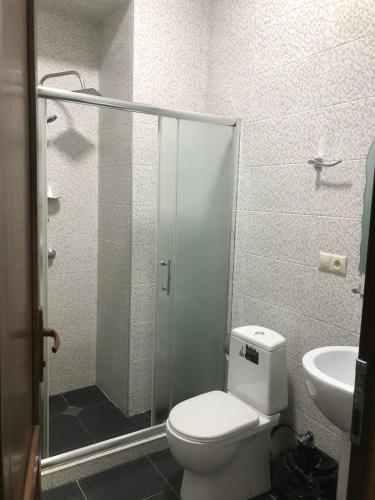 a bathroom with a shower and a toilet and a sink at Hotel Guri in Tbilisi City